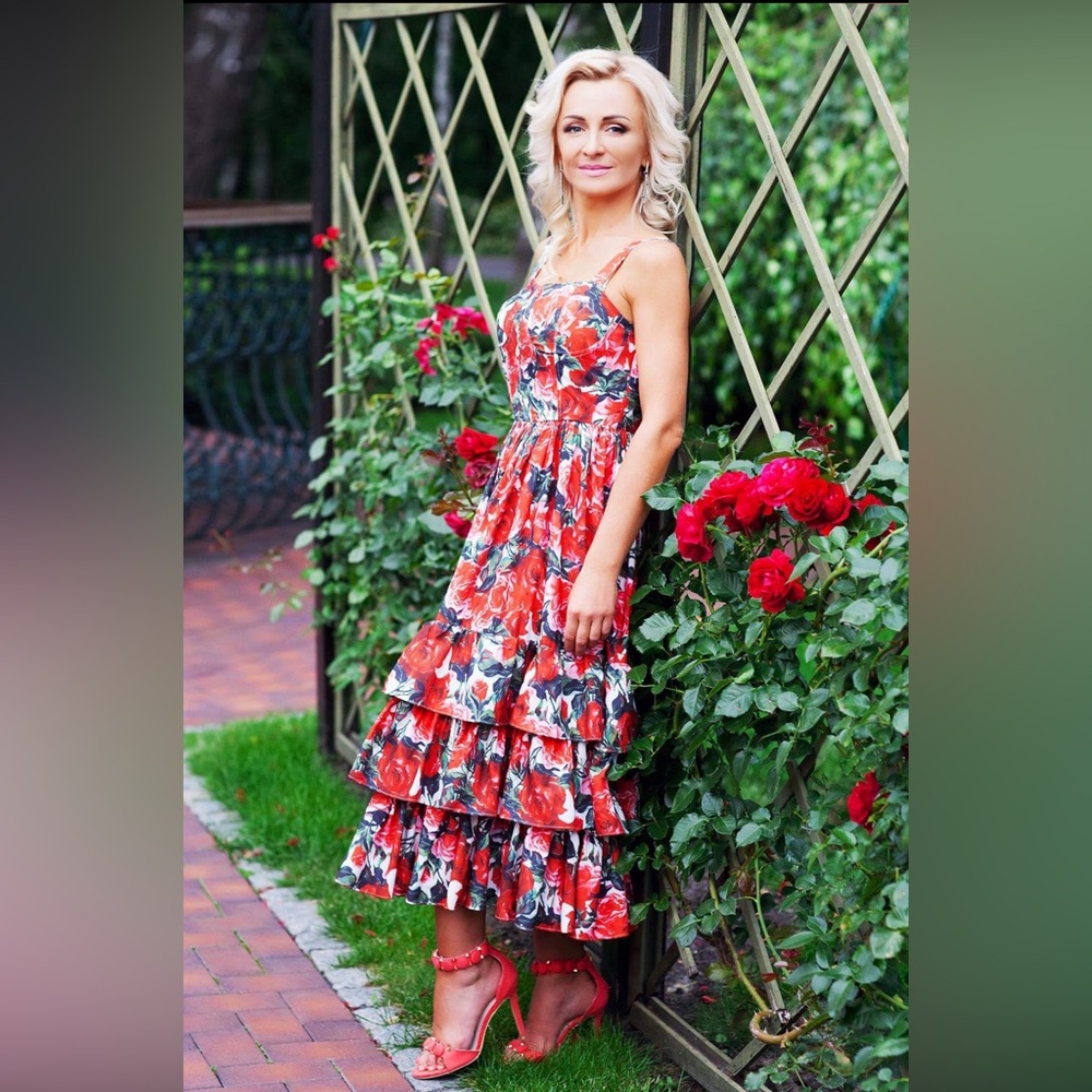 Floral Corset Ruffle A Line Midi Dress Red, size Small